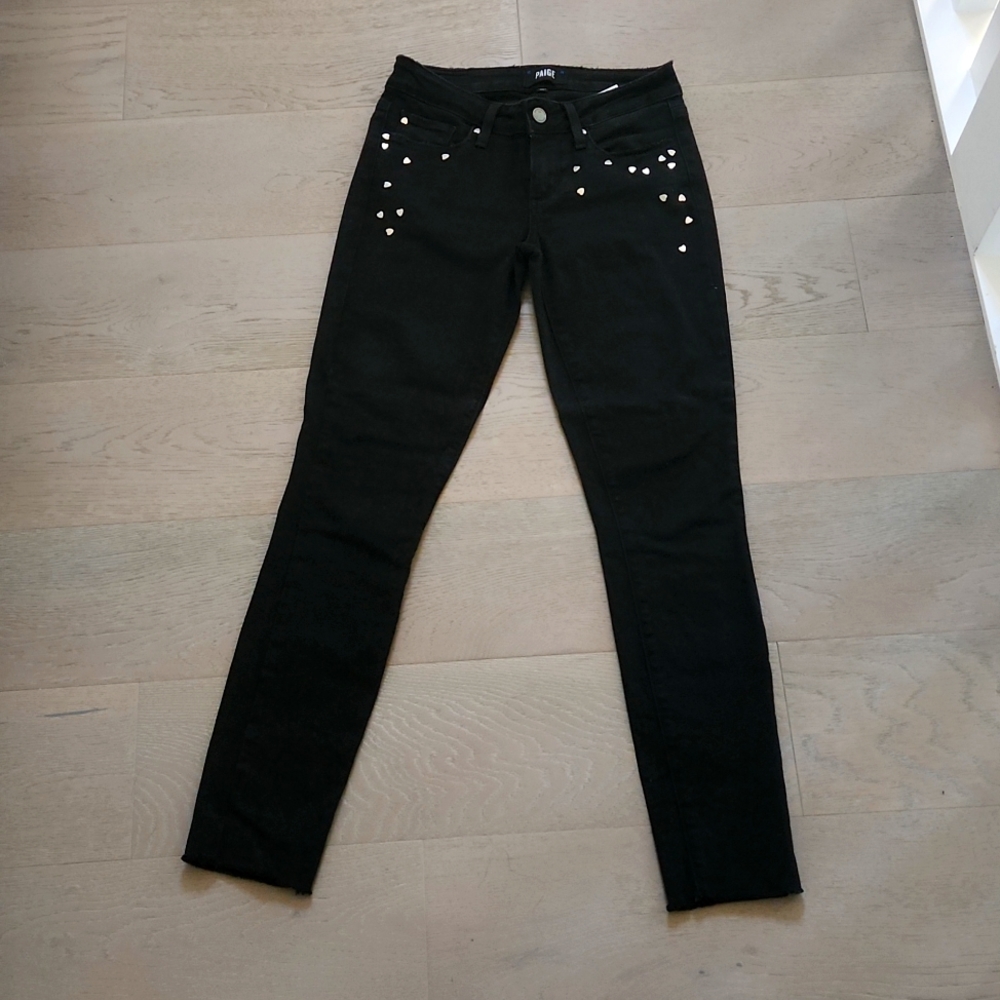 Paige silver heart hardware black jeans. Worn once because they fit tight.